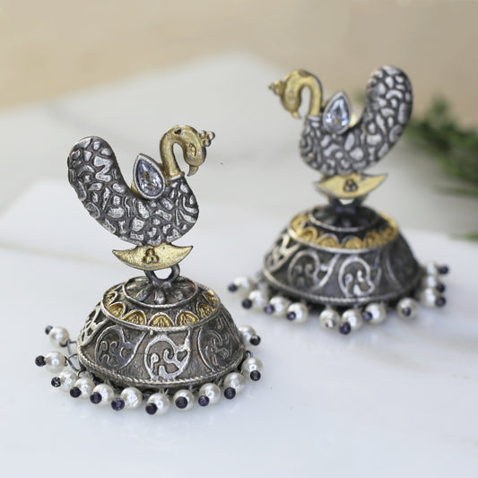 White Pearl Peacock Oxidised Jhumke I Earring