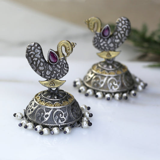 Ruby Peacock Oxidised Jhumke I Earring