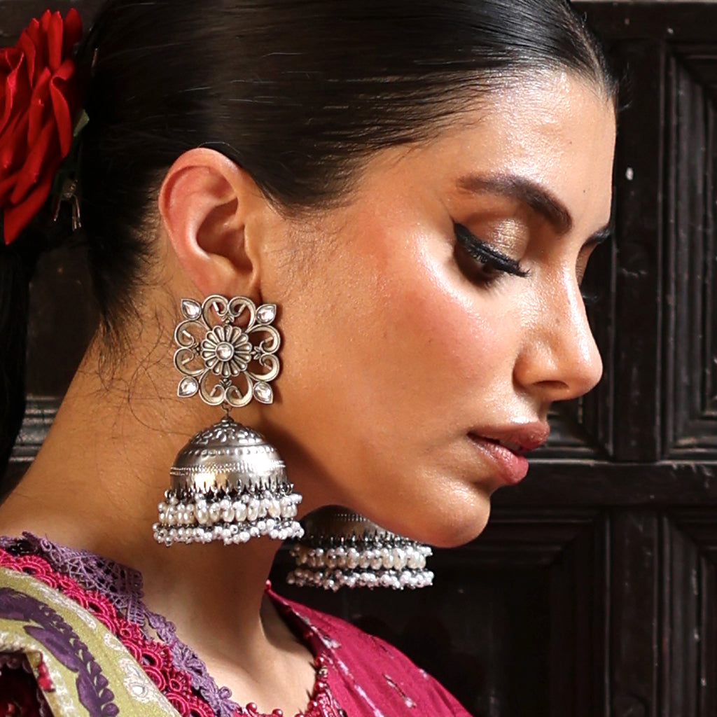 Silver Statement Pearl Oxidised Jhumke I Earring