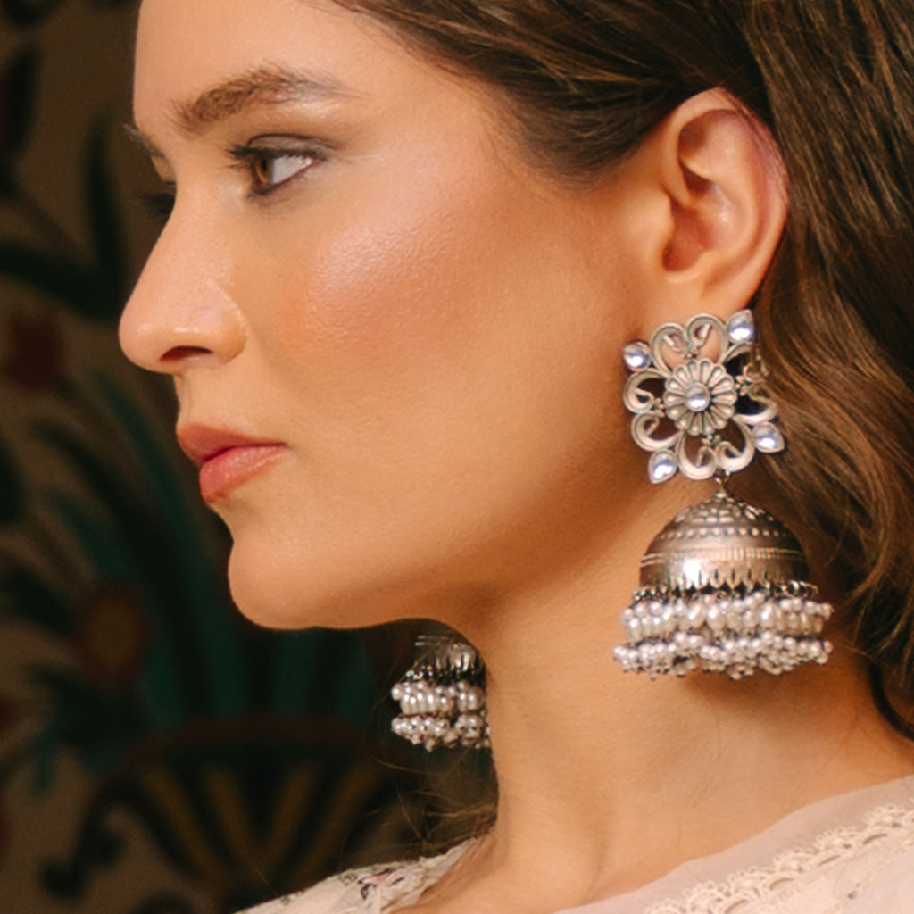 Silver Statement Pearl Oxidised Jhumke I Earring