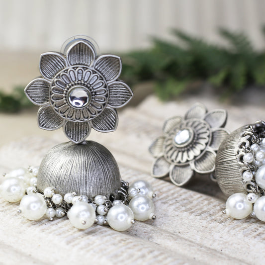 White Pearl Flower Oxidised Jhumke I Earring