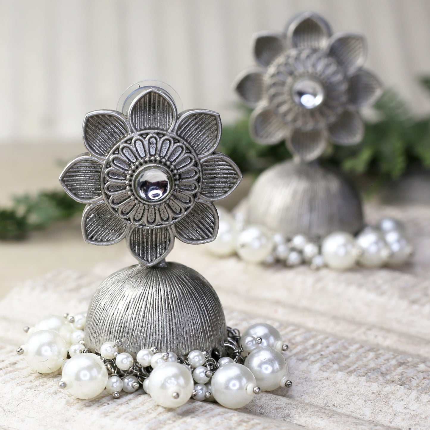 White Pearl Flower Oxidised Jhumke I Earring