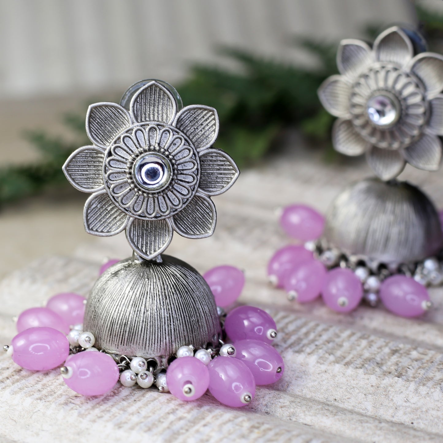 Light Purple Flower Oxidised Jhumke I Earring