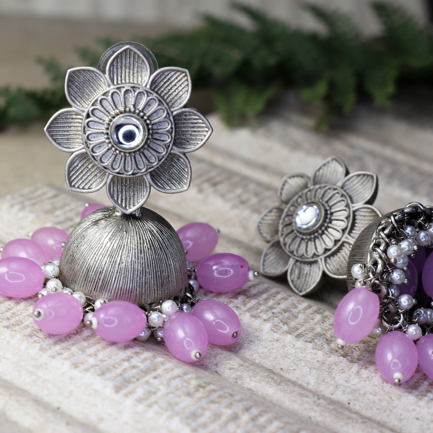 Light Purple Flower Oxidised Jhumke I Earring