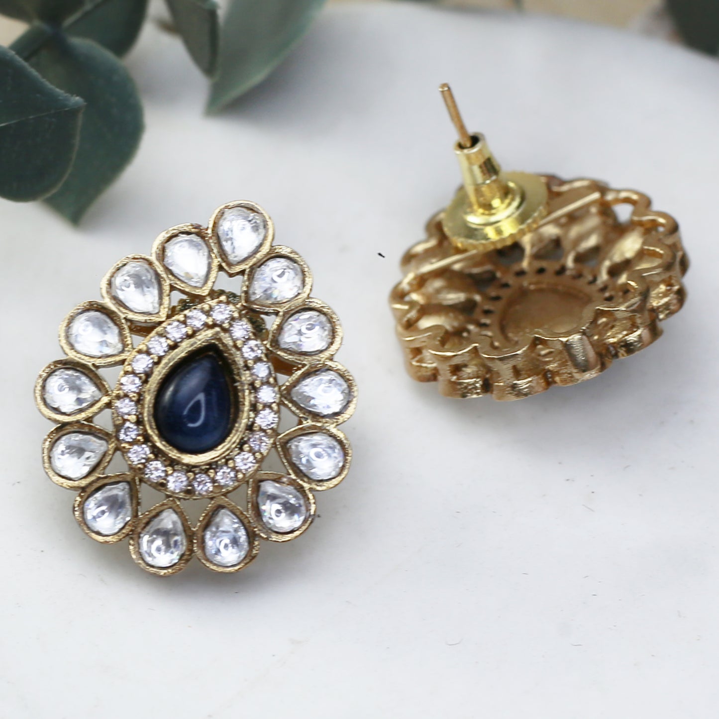 Blue Kundan Pear Stud Earring