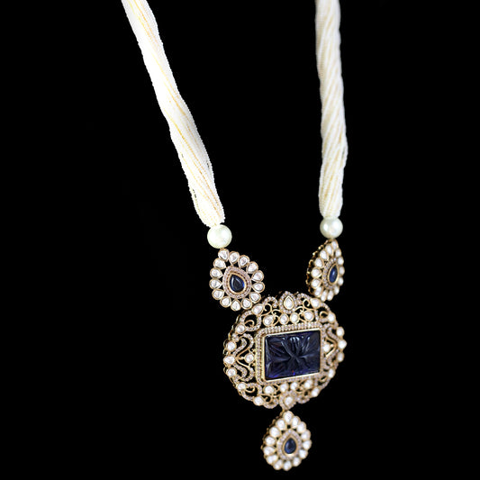 Blue Kundan Pear Pearl Mala