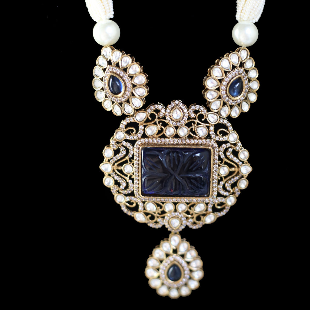 Blue Kundan Pear Pearl Mala - Rabal
