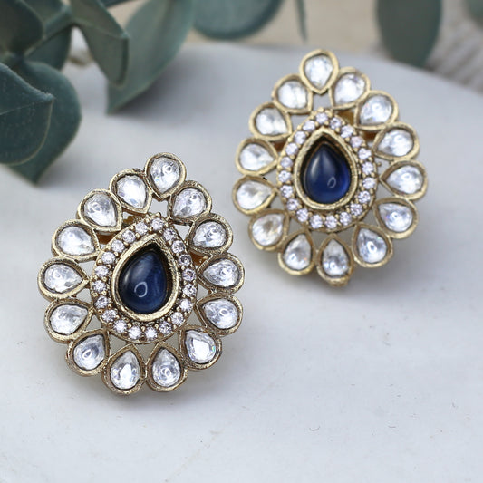 Blue Kundan Pear Stud Earring