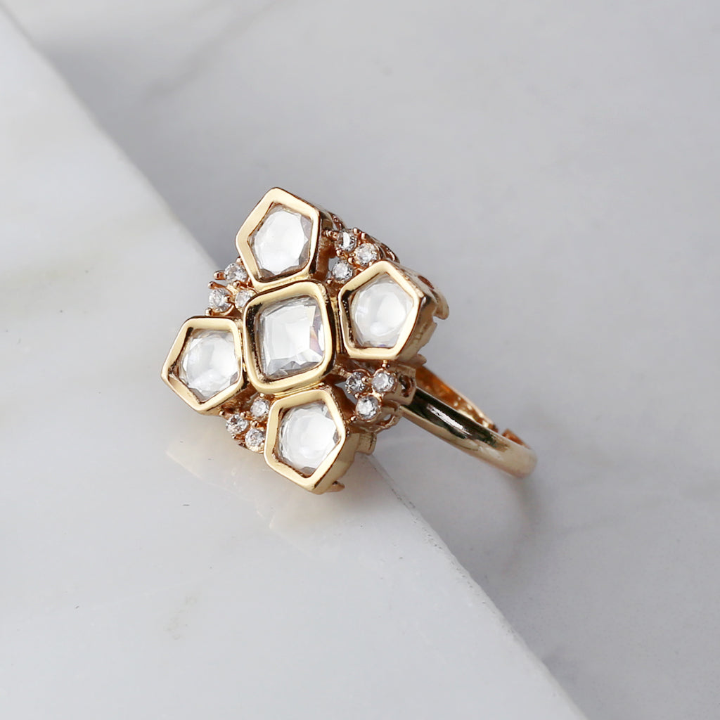 Flower Kundan Adjustable Ring - Rabal
