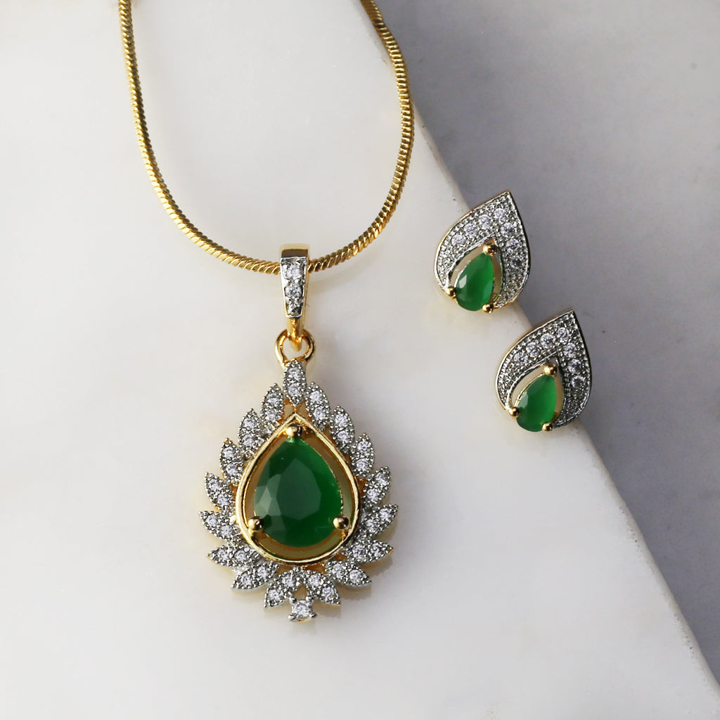 Green Statement Pendant Set I Chain Included - Rabal