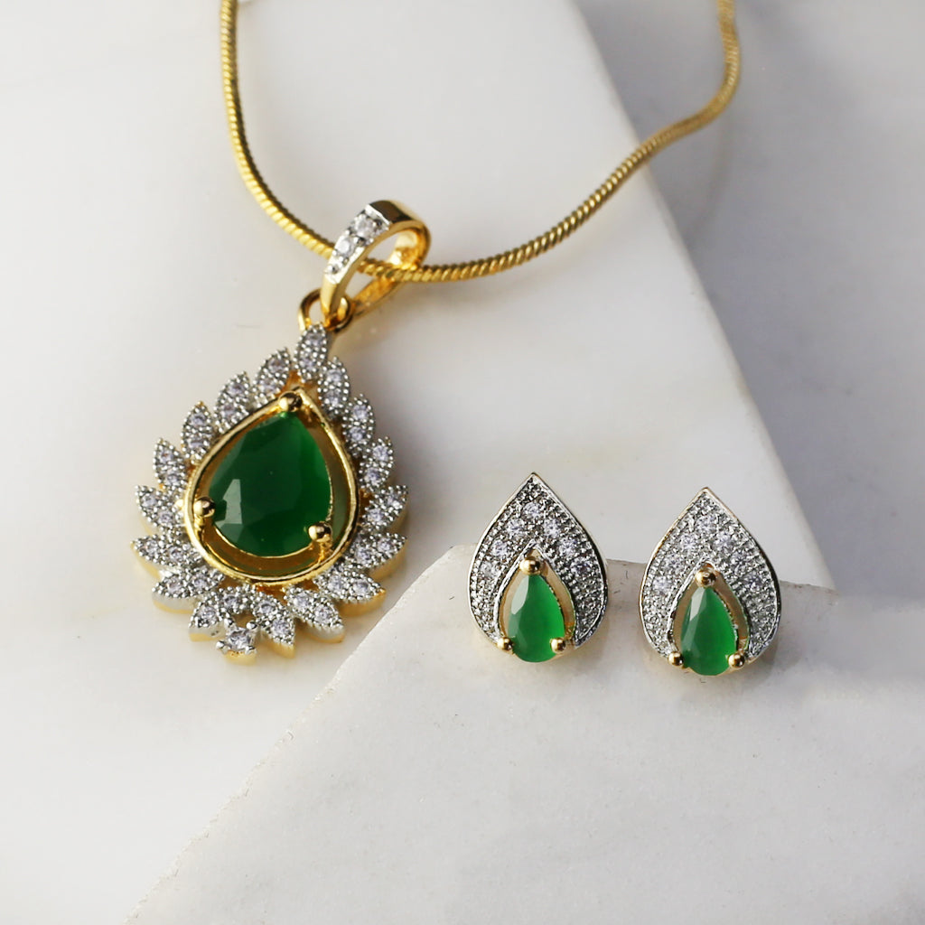 Green Statement Pendant Set I Chain Included - Rabal