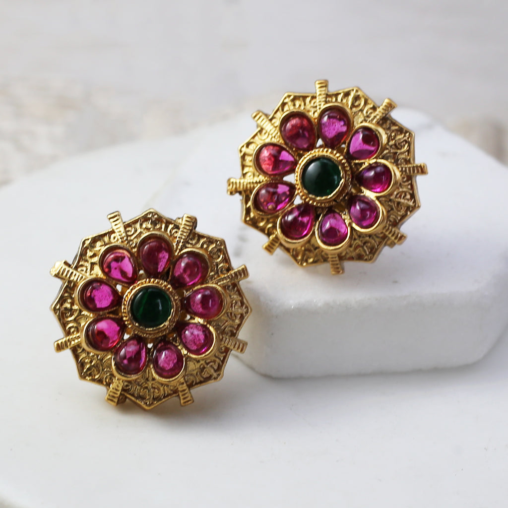 Green / Ruby Flower Stud Earring