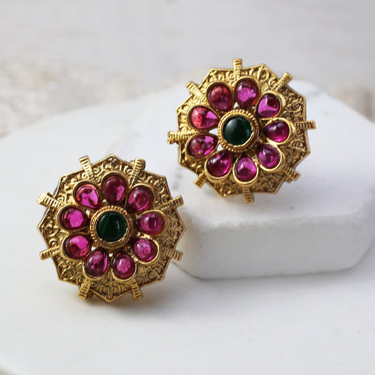Green / Ruby Flower Stud Earring
