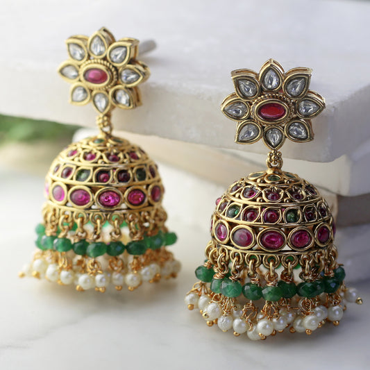 Multicolour Tradtional Jhumke I With Dark Green Beads I Earring