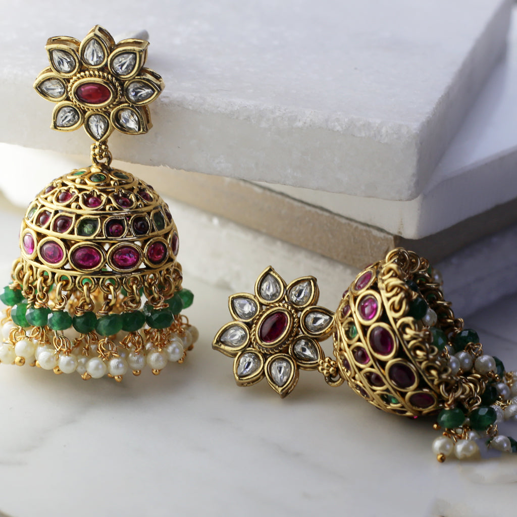 Multicolour Tradtional Jhumke I With Dark Green Beads I Earring