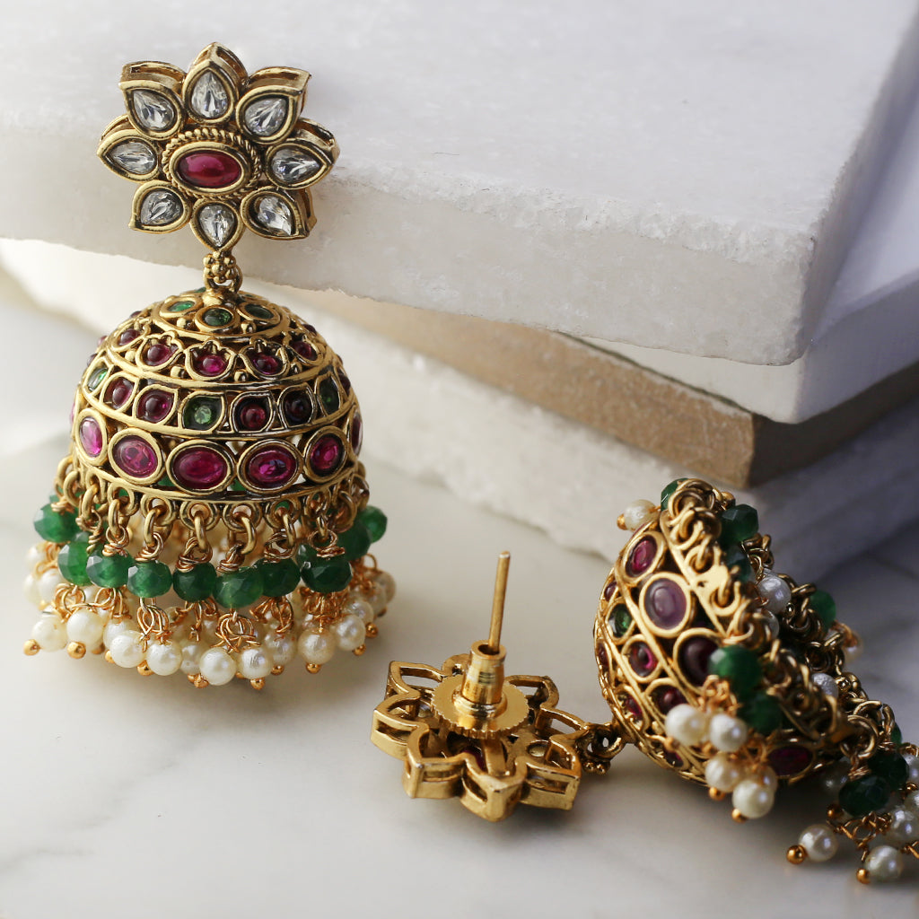 Multicolour Tradtional Jhumke I With Dark Green Beads I Earring