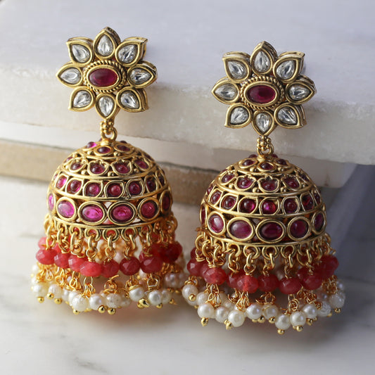 Ruby Tradtional Jhumke I  With Dark Pink Beads I Earring