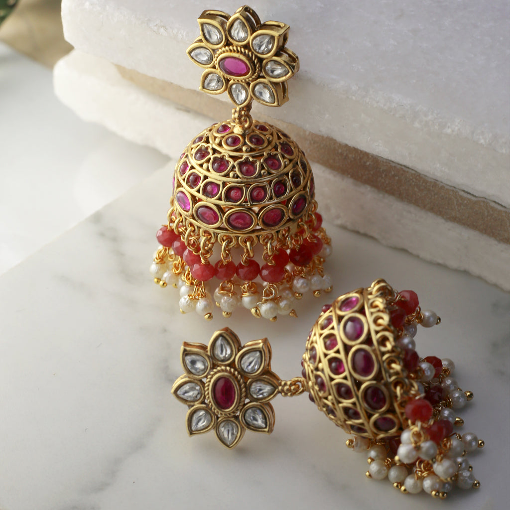 Ruby Tradtional Jhumke I  With Dark Pink Beads I Earring