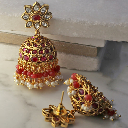 Ruby Tradtional Jhumke I  With Dark Pink Beads I Earring