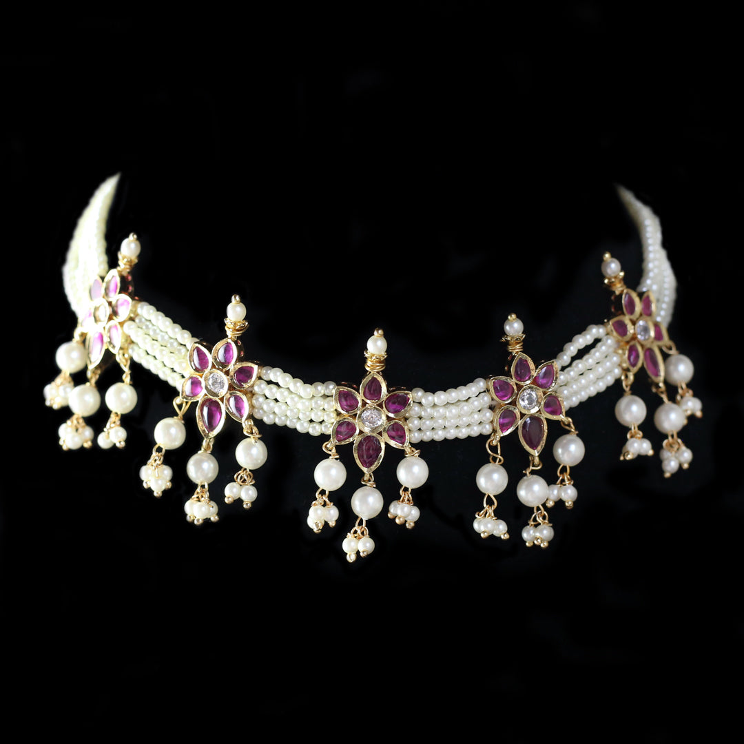 Traditional Flower Pearl Choker with Earrings - Rabal