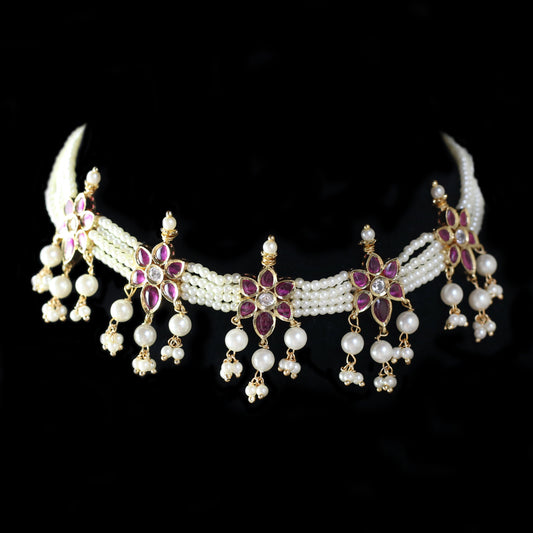 Traditional Flower Pearl Choker with Earrings - Rabal