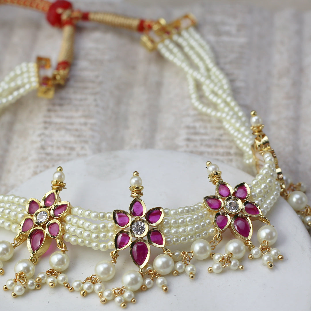 Traditional Flower Pearl Choker with Earrings - Rabal