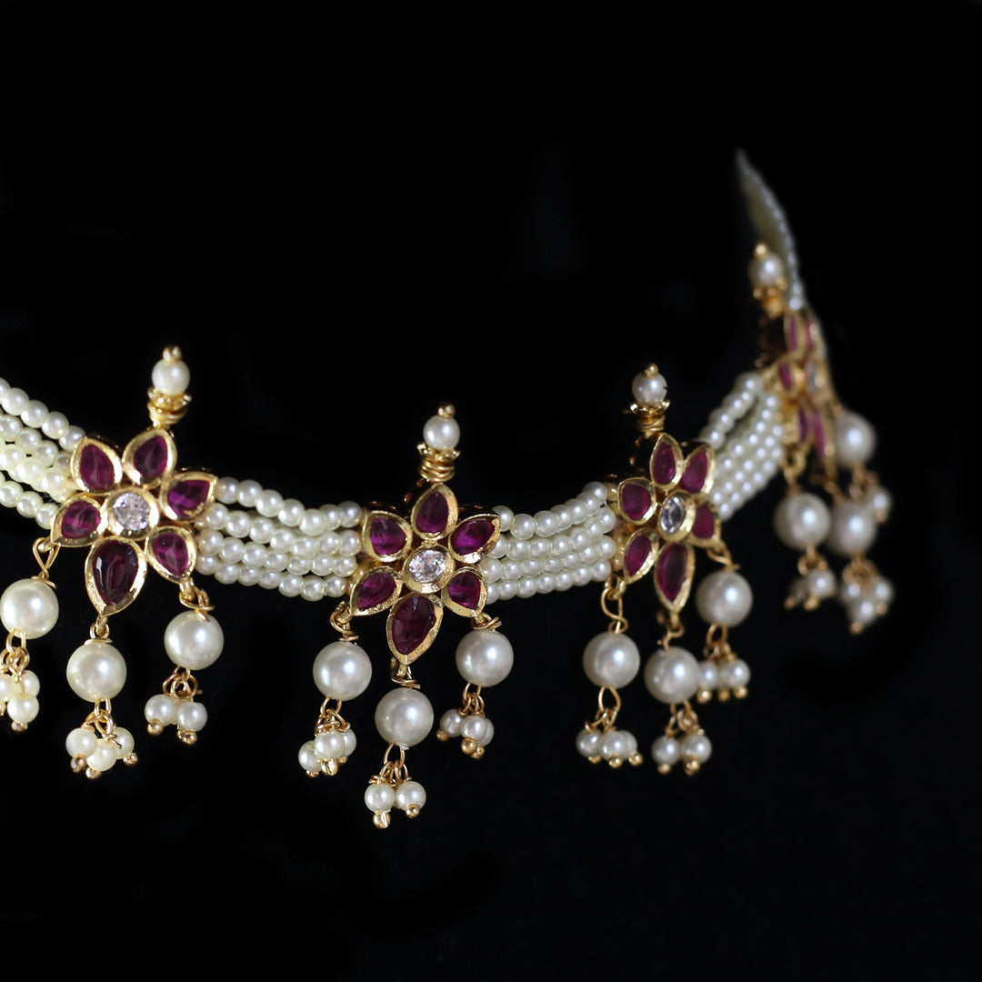 Traditional Flower Pearl Choker with Earrings - Rabal