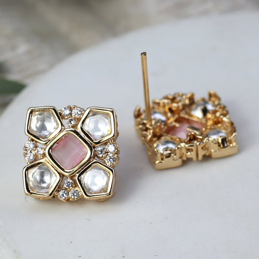 Pink Kundan Square Stud Earring