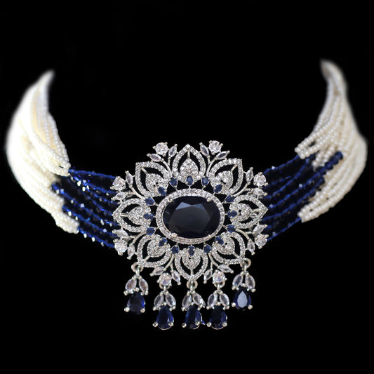 Blue Flower Silver Pearl Choker I Necklace - Rabal