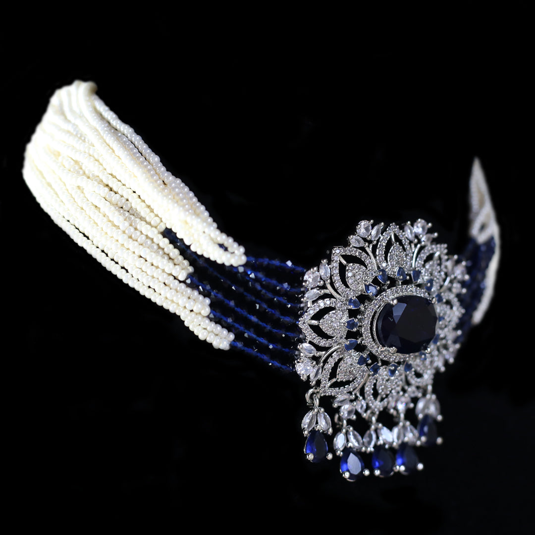 Blue Flower Silver Pearl Choker I Necklace - Rabal
