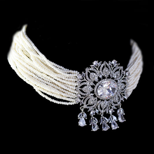 Flower Silver Pearl Choker I Necklace - Rabal