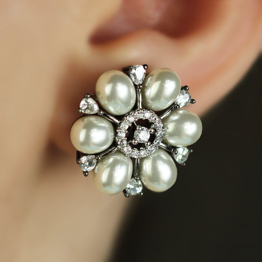 White Pearl Flower Stud Earring