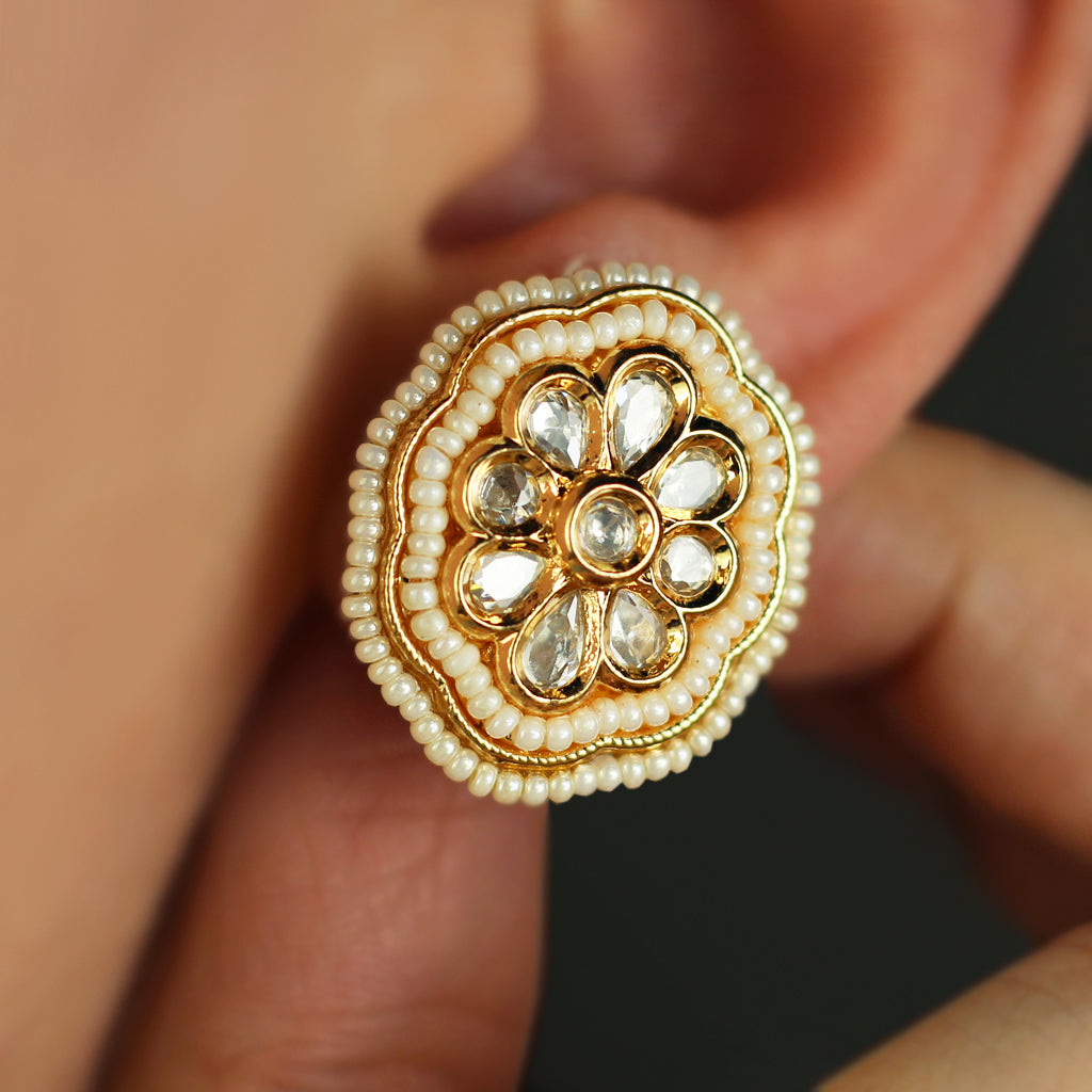 White Kundan Flower Pearl Stud Earring