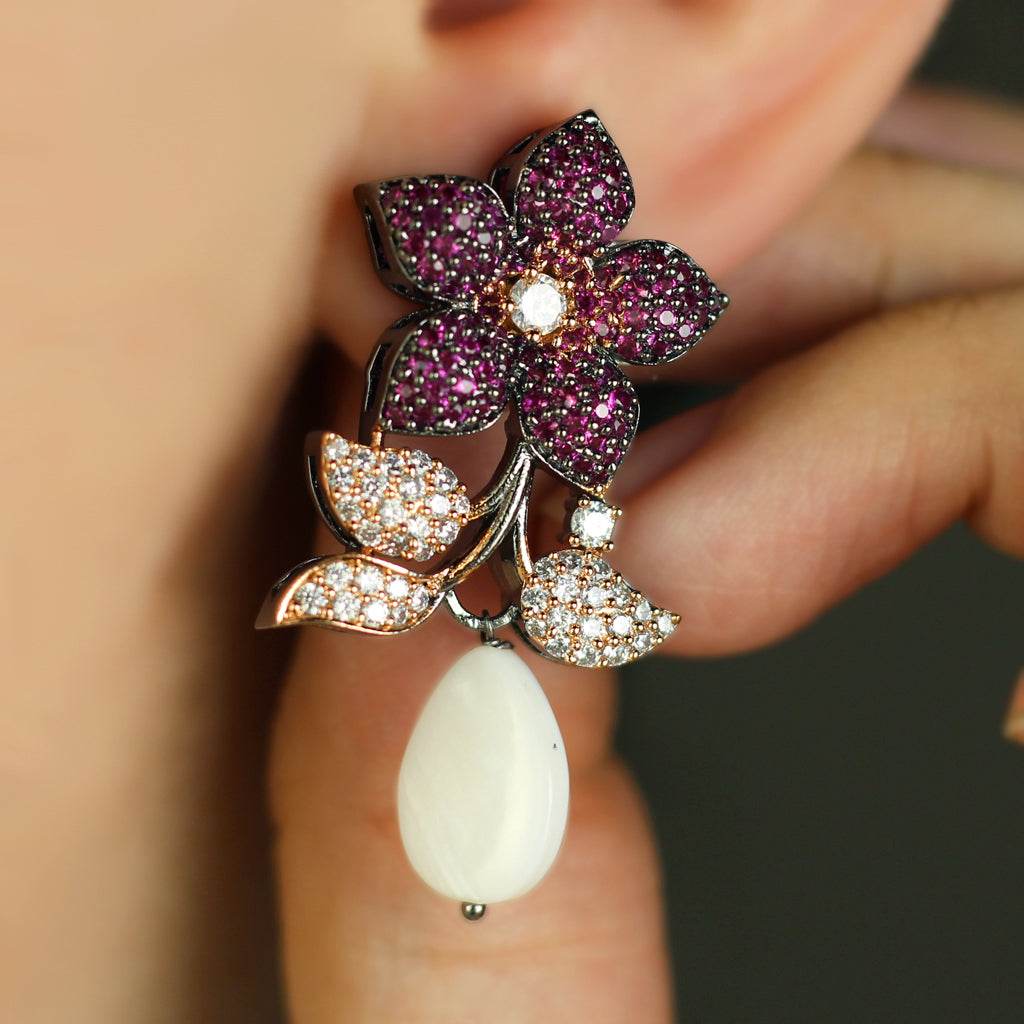 Pink Flower Pearl Drop Earring