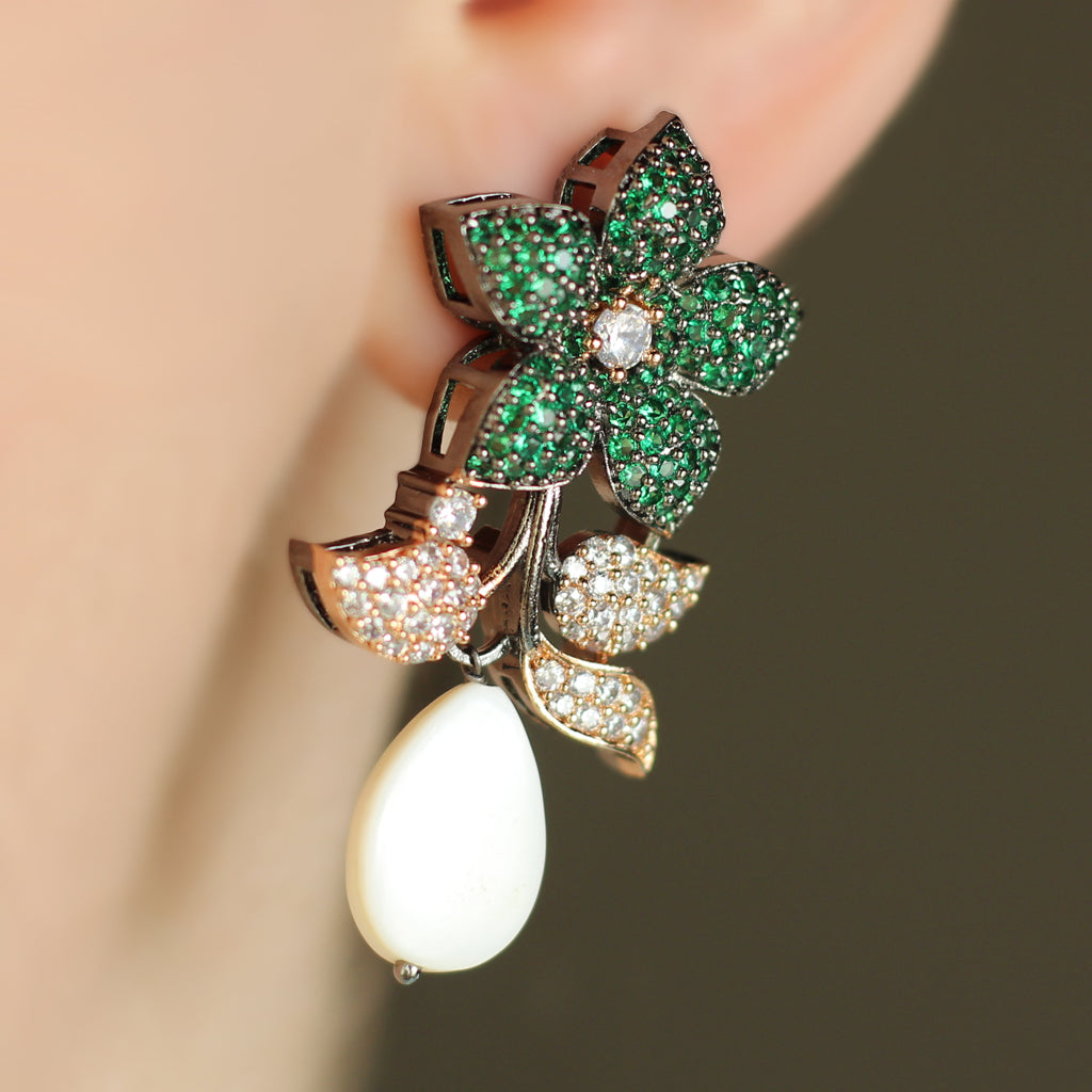 Green Flower Pearl Drop Earring