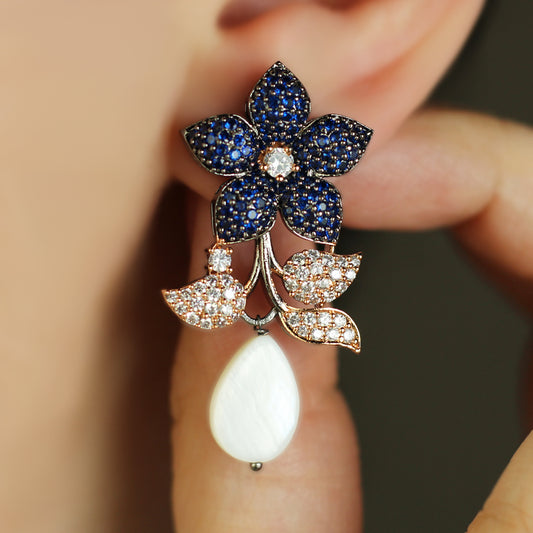 Blue Flower Pearl Drop Earring