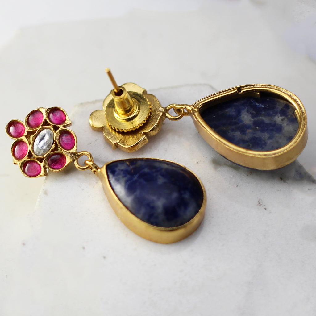 Ruby / Blue Flower Drop Earring - Rabal
