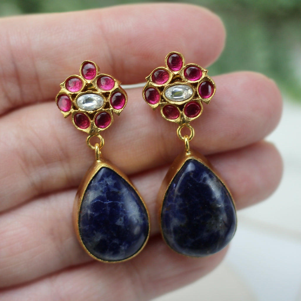 Ruby / Blue Flower Drop Earring - Rabal