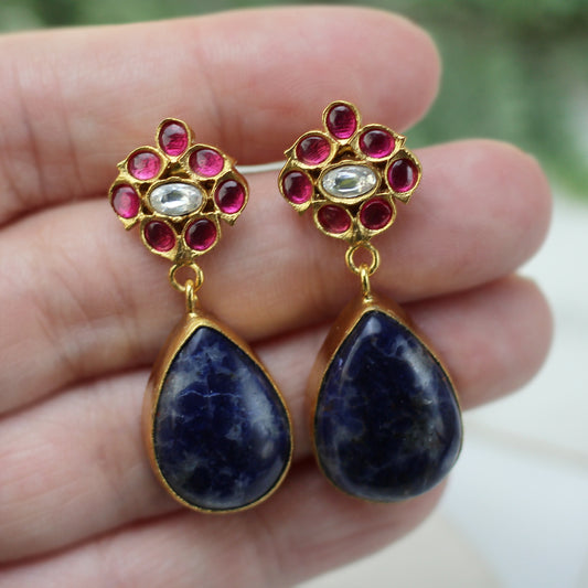 Ruby / Blue Flower Drop Earring - Rabal