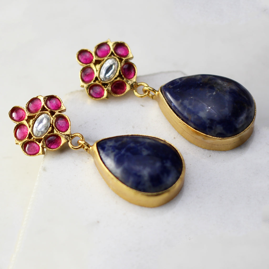 Ruby / Blue Flower Drop Earring - Rabal