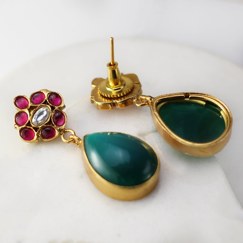 Ruby / Green Flower Drop Earring - Rabal