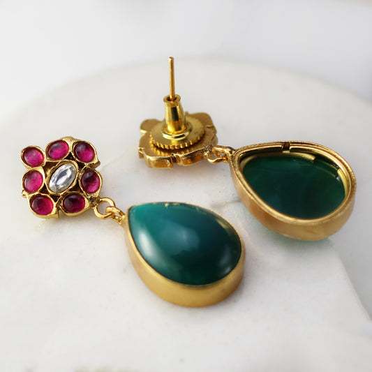Ruby / Green Flower Drop Earring - Rabal
