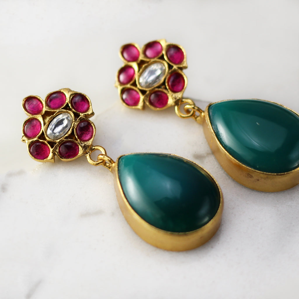 Ruby / Green Flower Drop Earring - Rabal
