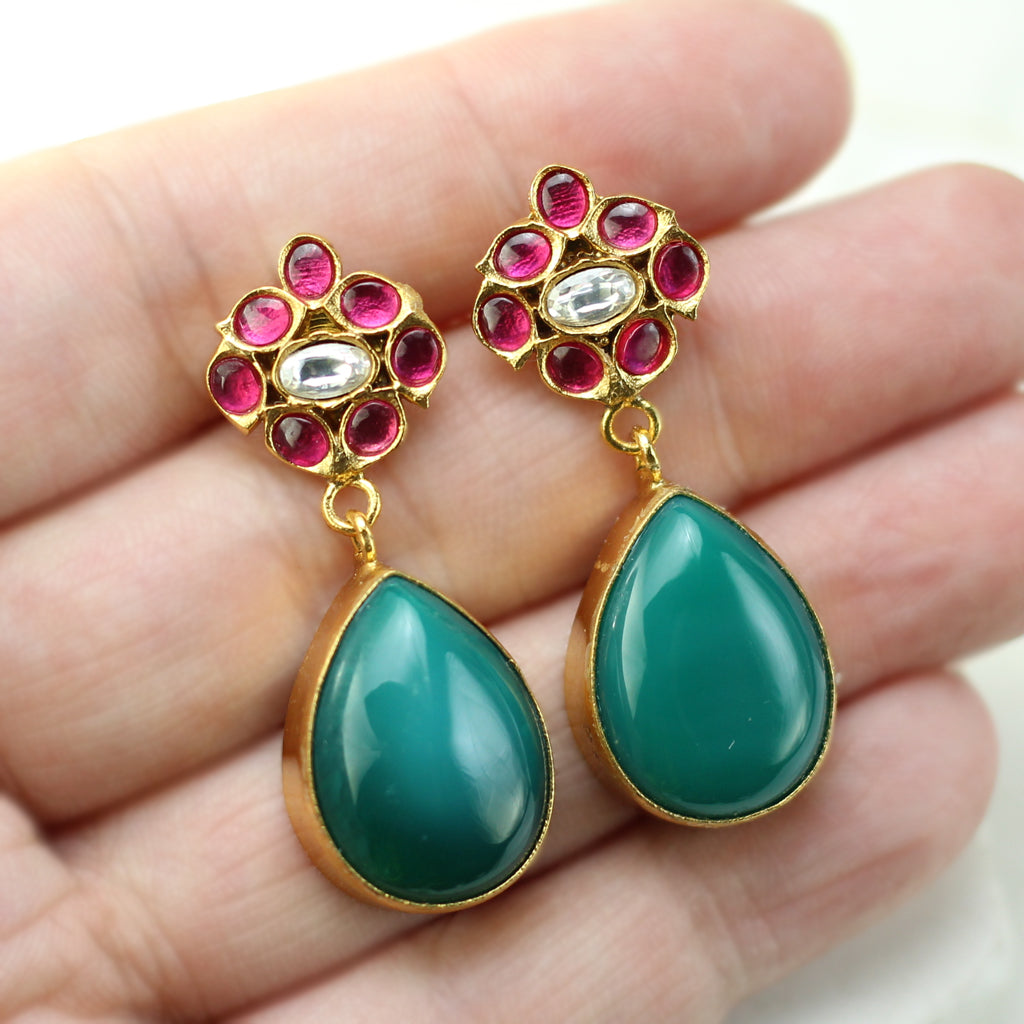 Ruby / Green Flower Drop Earring - Rabal
