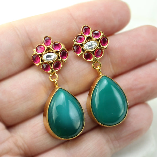 Ruby / Green Flower Drop Earring - Rabal
