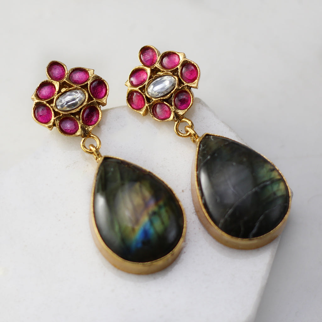 Ruby / Grey Flower Drop Earring - Rabal