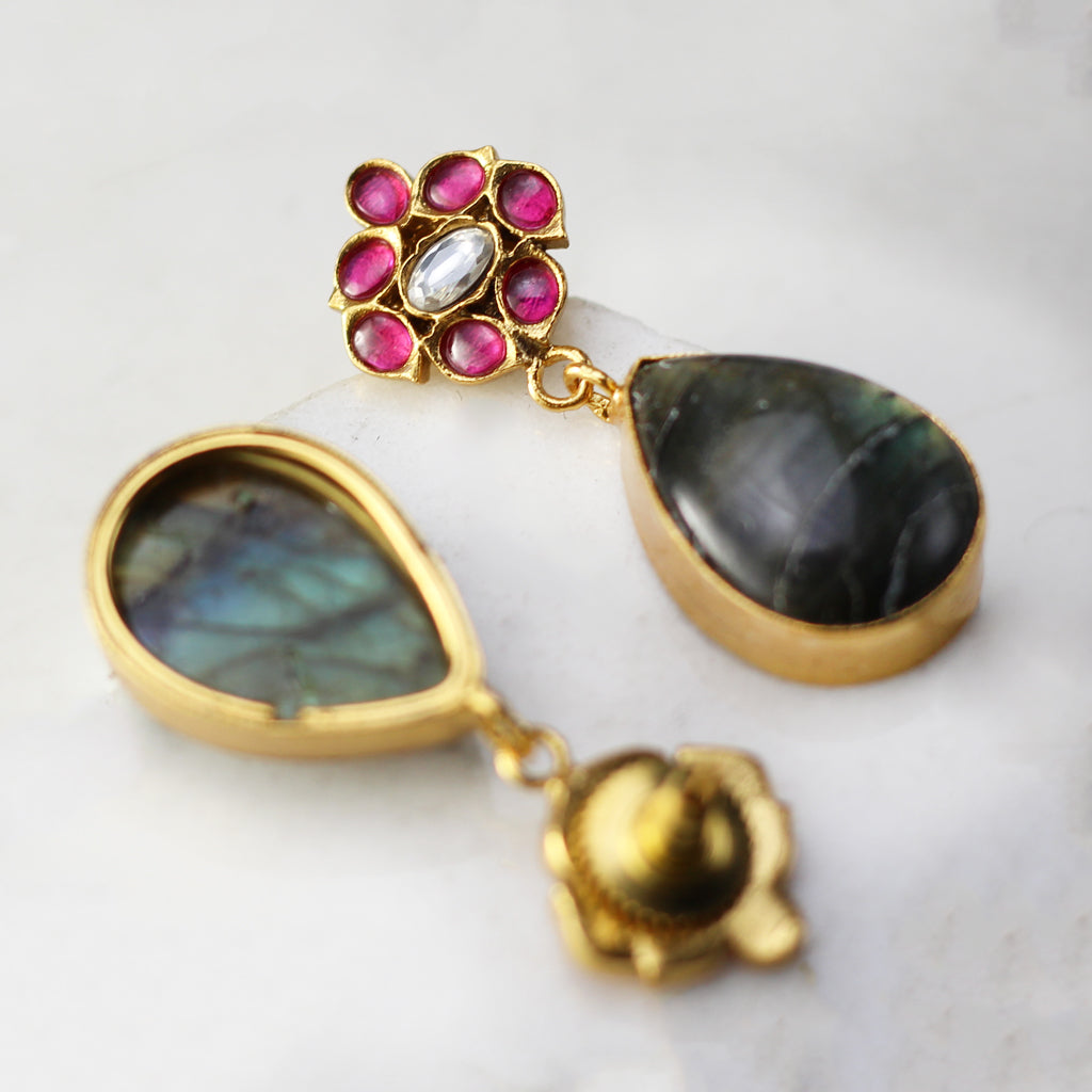 Ruby / Grey Flower Drop Earring - Rabal