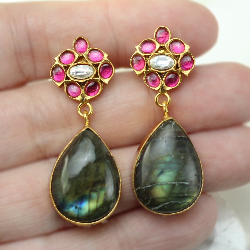 Ruby / Grey Flower Drop Earring - Rabal