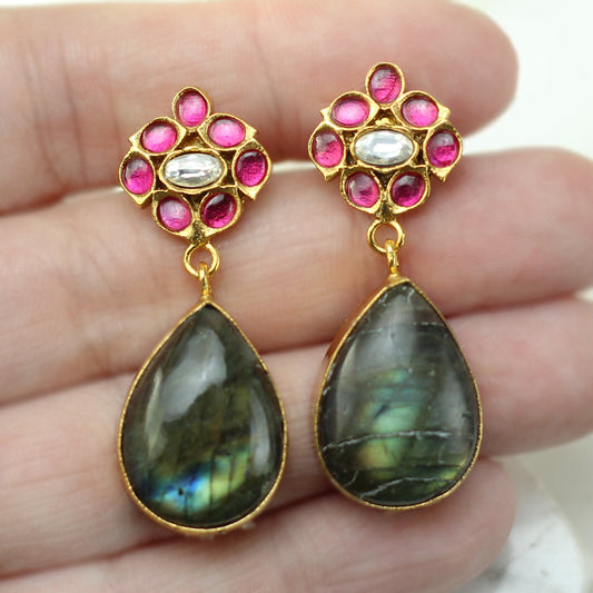 Ruby / Grey Flower Drop Earring - Rabal