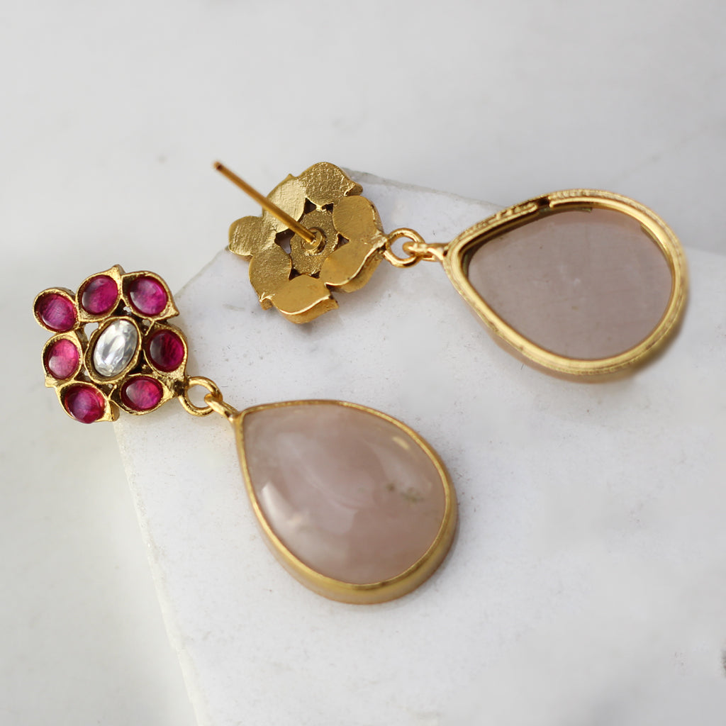 Ruby / Pink Flower Drop Earring - Rabal